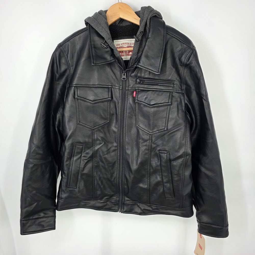 Levi's Faux Leather Trucker Hooded Jacket Mens Medium Black Sherpa Lined Pockets